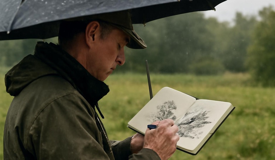 Sketcher under an umbrella making quick ink and wash marks during a light rain