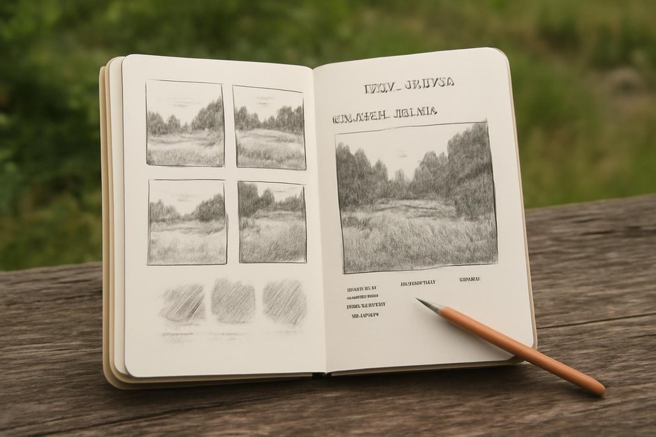 Sketchbook showing studies of a meadow-wood edge with compositional thumbnails and texture notes