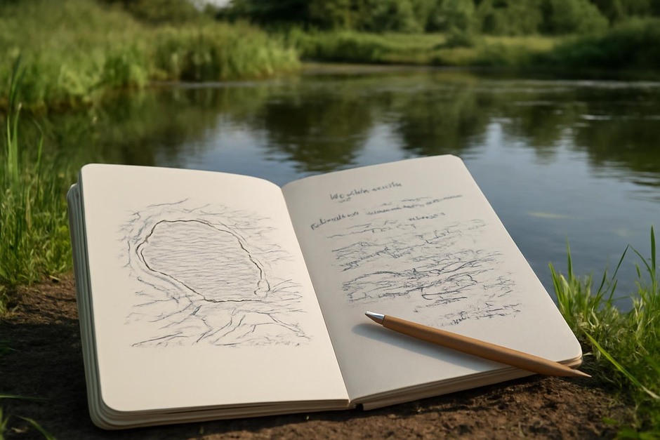 Sketchbook open beside a small pond with drawn map and texture notes