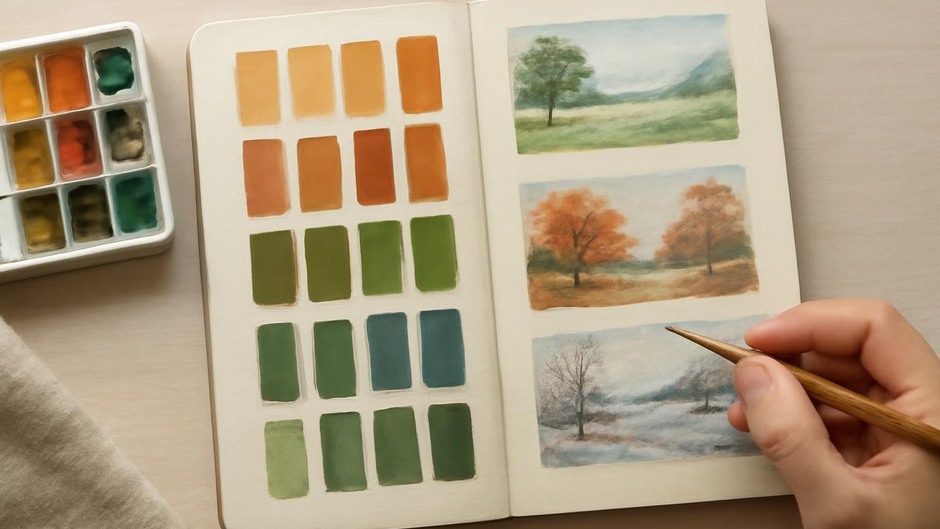 Rows of colour swatches and small landscape sketches representing seasonal tones
