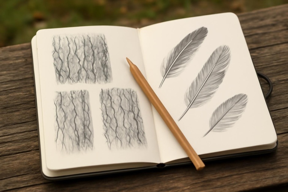 Close-up study sketches of tree bark and bird feathers on a sketchbook page