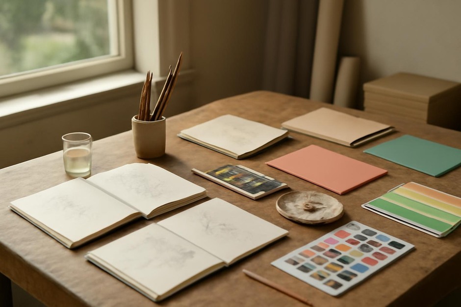 Abstract art desk with color swatches, brush marks, and sketchbook studies.