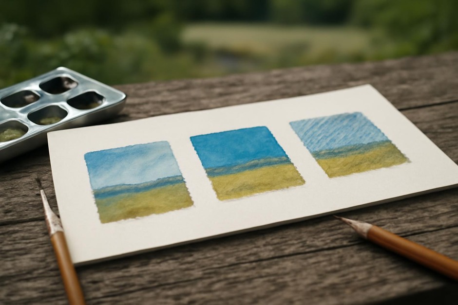 Three small study squares showing watercolour, gouache, and coloured pencil layers on paper