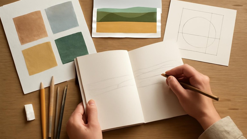 Bright studio image with paint textures, paper layers, and geometric color blocks.