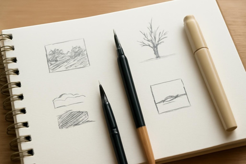 Close-up of varied brush and pen tips over a notebook with small sketches