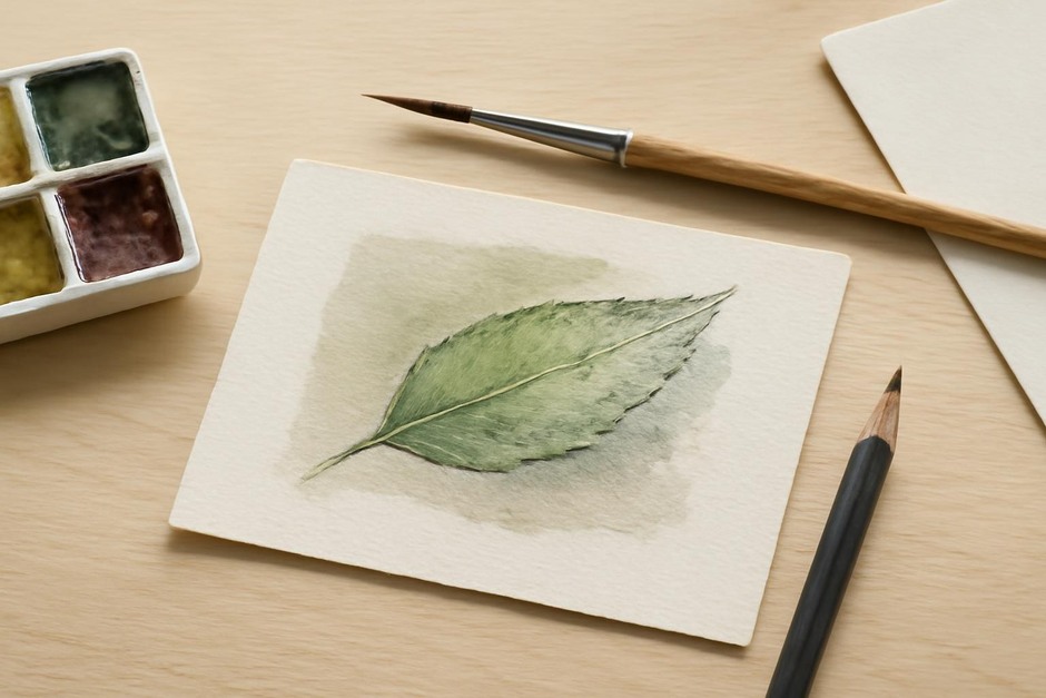 A small watercolor and graphite study of a leaf edge on a studio table